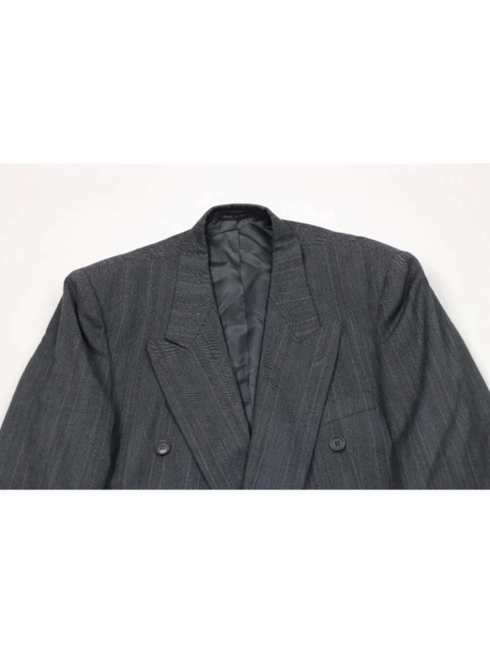 Vtg 80s 90s Mens 44R 2 Piece Wool Double Breasted Suit Striped Wide Leg 38x32